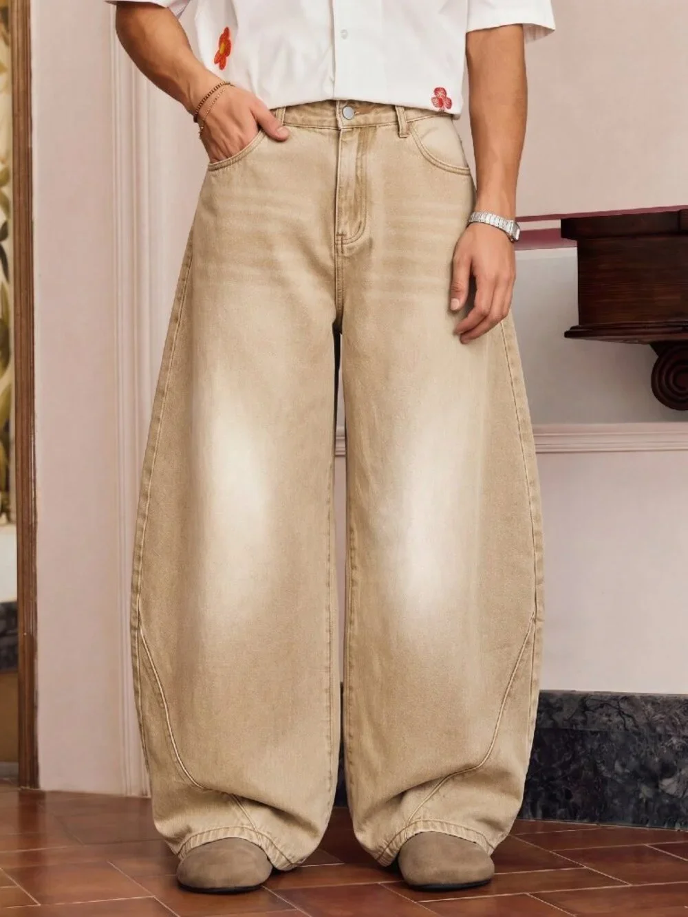 Brown Casual Men's Striped Button Pocket Travel Jeans